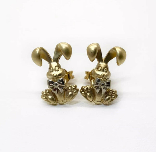 14K Solid Yellow Gold Rabbit Bunny Stud Earrings Women/Children 14 MM