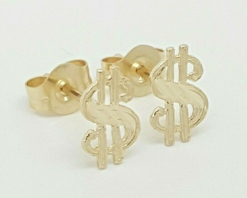 14k Solid Yellow Gold Dollar Sign Stud Earrings Unisex Push Back 7MM