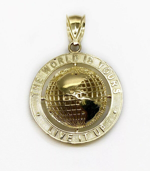 10K Yellow Gold Round Globe Planet Earth World Map Two Sided Pendant 1" 4.5Gr