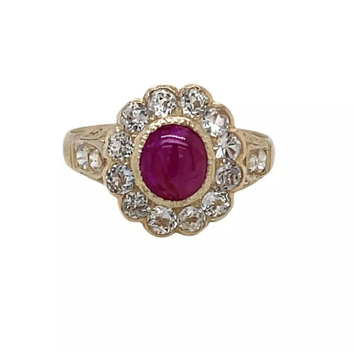 Vintage 21k solid Yellow Gold 2 Ct Natural Cabochon Ruby & White Sapphire Ring