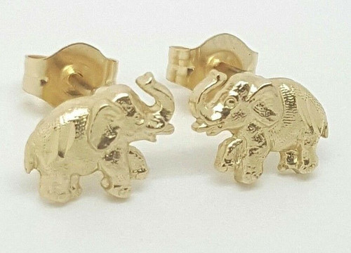 14k Solid Yellow Gold Elephant Stud Earrings Women Push Back 8 MM