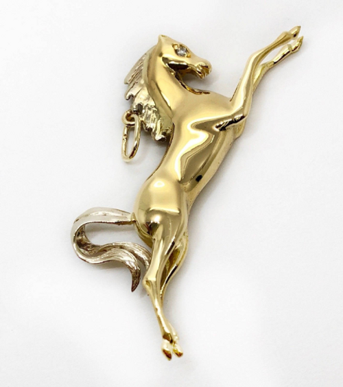 Men's 14K Solid Yellow Gold Natural Diamond Horse Charm Pendant 50 MM