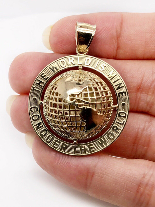10K Yellow Gold Round Globe Planet Earth World Map Two Sided Pendant 1.33" 7.7Gr