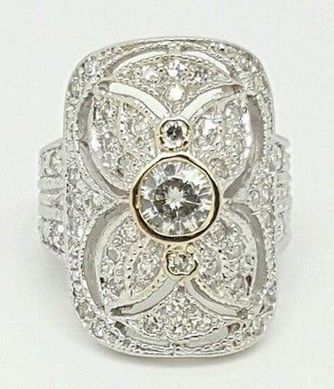 Vintage 18k White Gold 1.38Ct Round Diamond & Moissanite Filigree Ring Size 4.75