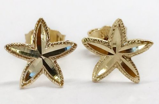 14k Solid Yellow Gold Star, Starfish, Flower Stud Earrings PushBack 8 MM