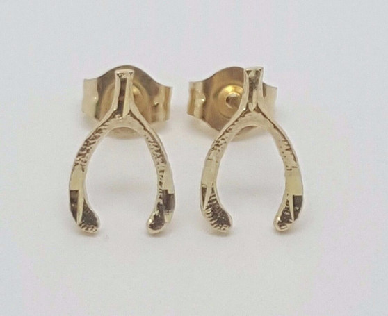 14k Solid Yellow Gold Wishbone Good Luck Stud Earrings Push Back 9MM