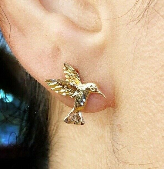 14K Yellow Gold 3D Hummingbird Stud Earrings Women/Men Push Back 14 MM
