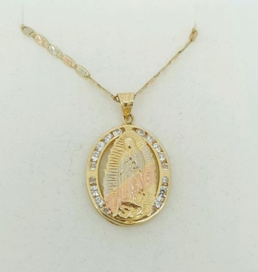 14k Tri Color Gold Virgin Mary Guadalupe Pendant & Valentino Chain 18" to 24"