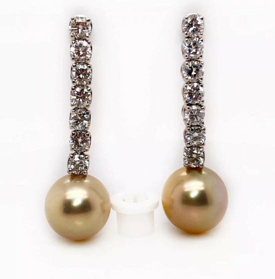 18K White Gold Diamond Dangle Natural Pearl Earrings 3.10 Ct 1.57”