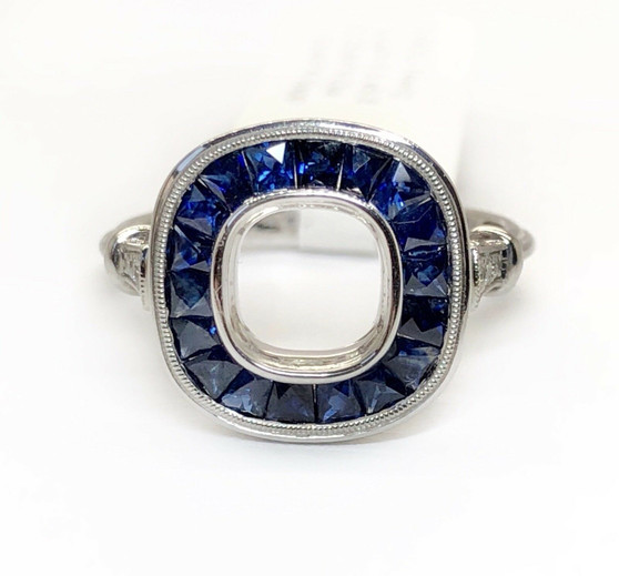 14K White Gold Semi Mount Ring 1.08 Ct Natural Sapphire & Diamond 6.8 mm Center