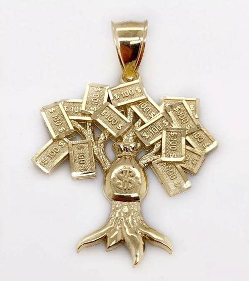 10K Yellow Gold Diamond Cut $100 Lucky Money Bag Tree Dollar Pendant 3.8 Gr Mens