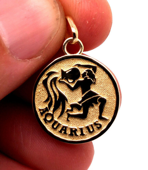 14k Solid Yellow Gold Aquarius Zodiac Sign February Birth 0.80”