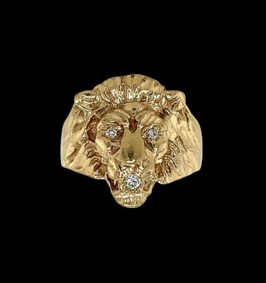 Mens 14K Solid Yellow Gold Natural Diamond Lion Head Face Ring 8.2 Grams