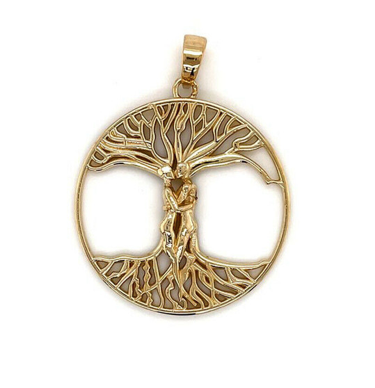 14K Solid Yellow Gold Tree of Life kissing couple Round Pendant