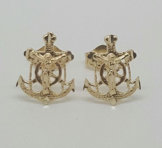 14k Yellow Gold Christ/Mariners Anchor Cross Stud Earrings Push Back 11MM