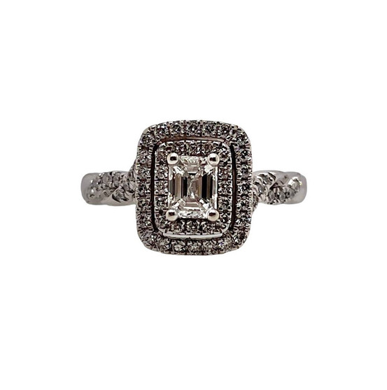 14k White Gold 1.25 Ct Natural Round & Emerald Cut Diamond Engagement Ring