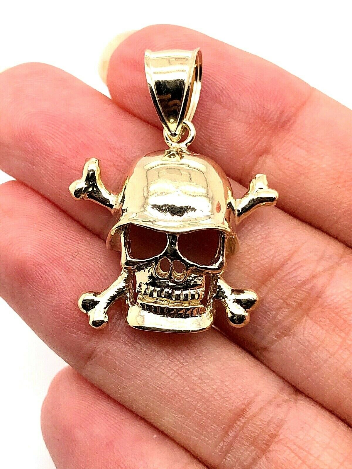 Solid Yellow Gold Skeleton Skull Head Face Pendant Charm