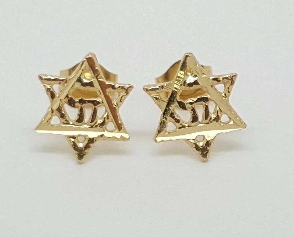 Yellow Gold Star of David Chai Jewish Symbol Stud Earrings