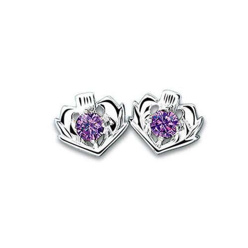 Sterling Silver Thistle Stud Earrings with Amethyst Stones Shop Online On Scotishwebstore.com