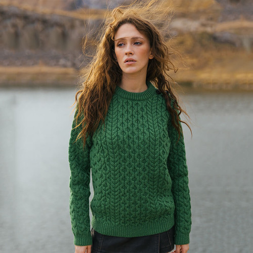 Ladies Honeycomb Crewneck Aran Sweater Green Scottishwebstore.com Ladies Honeycomb Crewneck Aran Sweater Green Scottishwebstore.com