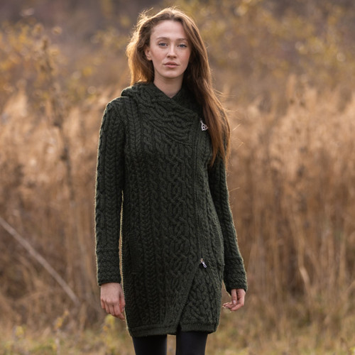 Women's Aran Knitted Zip Coatigan Army Green  Scottishwebstore.com Women's Aran Knitted Zip Coatigan Army Green  Scottishwebstore.com