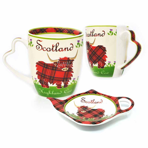 Highland Cow Gift Set: 2 Mugs & Teabag Holder Shop On Scottishwebstoe.com