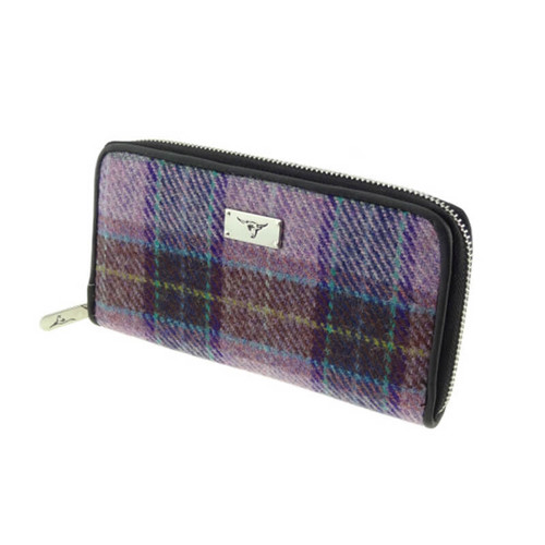 Handwoven Harris Tweed Zip Purse Wallet- Lilac Check Shop On Scottishwebstoe.com