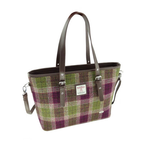 Handwoven Harris Tweed Tote Spey Bag in Green Pink Tartan Shop On Scottishwebstore.com