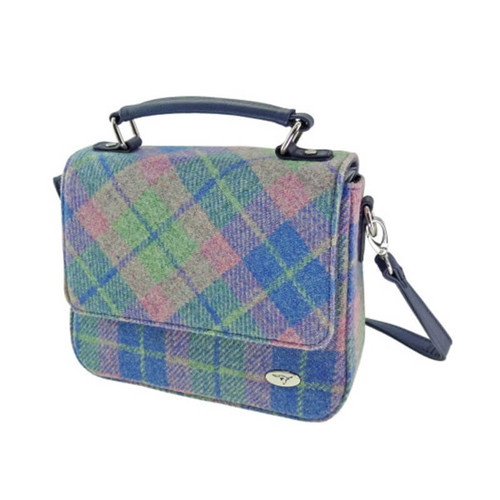 Handmade Harris Tweed Square Shoulder Bag in Soft Blue Pink Tartan Shop On Scottishwebstore.com