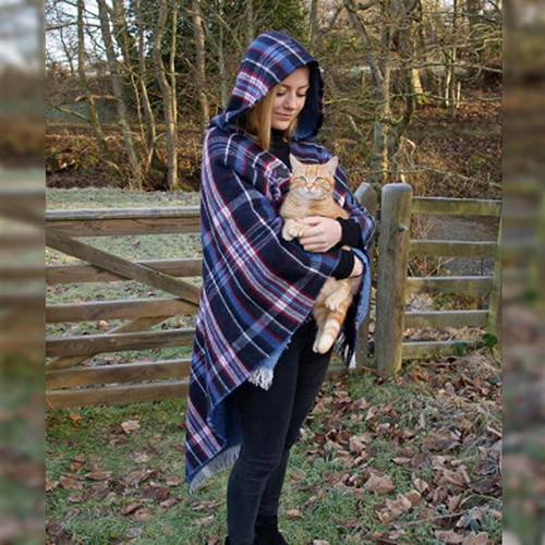 Shop Two-Sided Tartan Poncho with Hood in Blue Online On Scottishwebstore.com