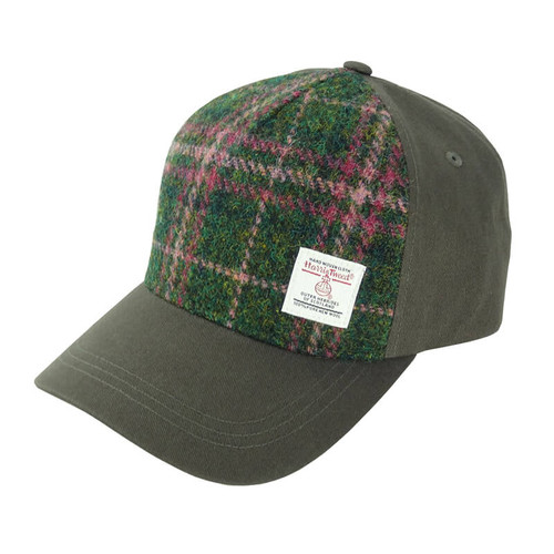 Harris Tweed Baseball Cap in Green/Plum Check On Scottishwebstore.com