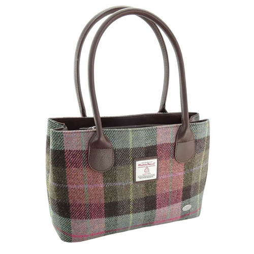 Scottish Harris Tweed "Cassley" Bag– Green & Purple Tartan On Scottishwebstore.com