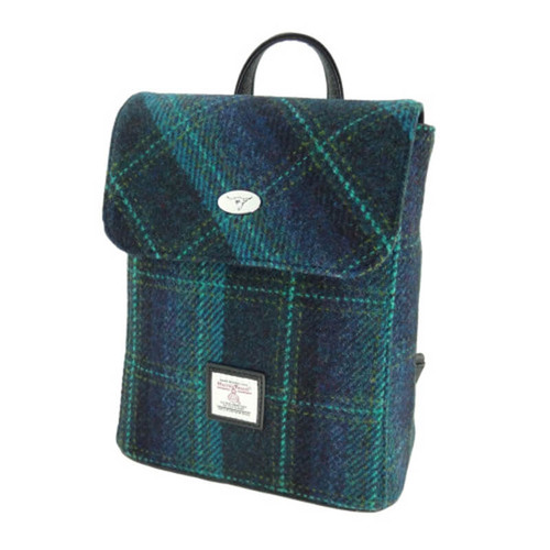 Handwoven Harris Tweed Mini Backpack - Turquoise Overcheck Scottishwebstore.com
