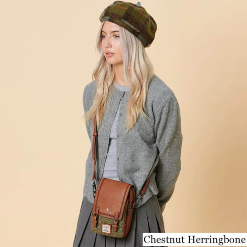 ISL-8200CHEHBL00 CHESTNUT HERRINGBONE Colour Mini Islander Harris Tweed Jura Crossbody Bag  Lifestyle Scottishwebstore.com