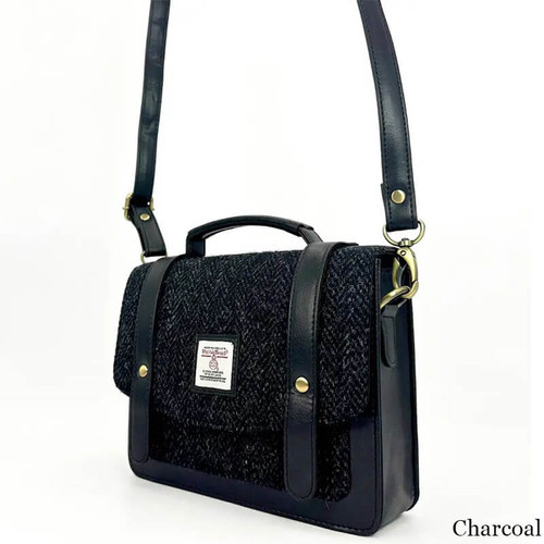 MCS-CB2504-L006J-CHARCOAL Colour Handwoven Harris Tweed Mini Messenger Bag with Adjustable Strap Scottishwebstore.com