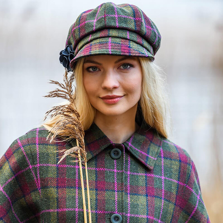 Women's Tweed Wool Newsboy Hat in Plum Plaid Shop On Scottiswebstore.com