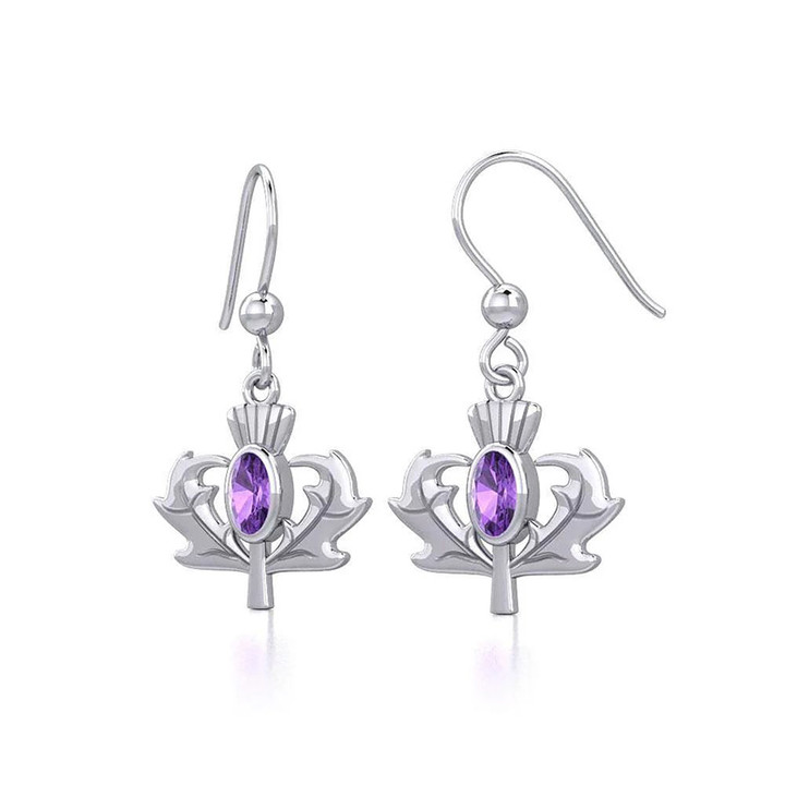 Scottish Thistle Dangle Earrings with Oval Genuine Amethyst Gemstones On Scottishwebstore.com