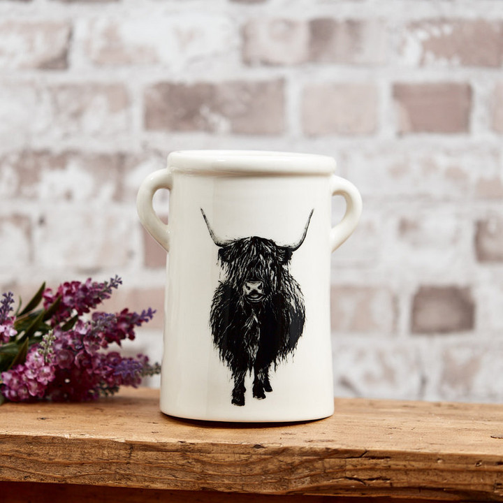 RLS-7HL288 Ceramic Grayscale Highland Cow Vase Scottishwebstore.com