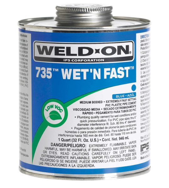 WELD-ON 735 MEDIUM BLUE WET 'N FAST PVC CEMENT- QT