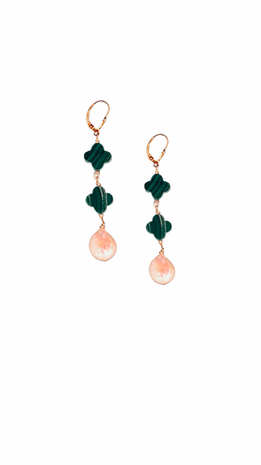 Malachite and Pearl Long Dangle Earrings