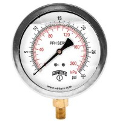 Winters PFH1294, PFH SERIES 4" 0/30 PSI/KPA BRASS 1/2" LB 1.5% ACC, SS LIQUID FILLED GAUGE Winters PFH1294, PFH SERIES 4" 0/30 PSI/KPA BRASS 1/2" LB 1.5% ACC, SS LIQUID FILLED GAUGE