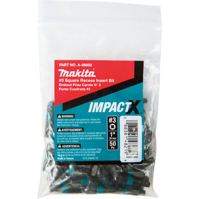 Makita A-98893 ImpactX #3 Square Recess 1" Insert Bit, 50/pk, Bulk Makita A-98893 ImpactX #3 Square Recess 1" Insert Bit, 50/pk, Bulk