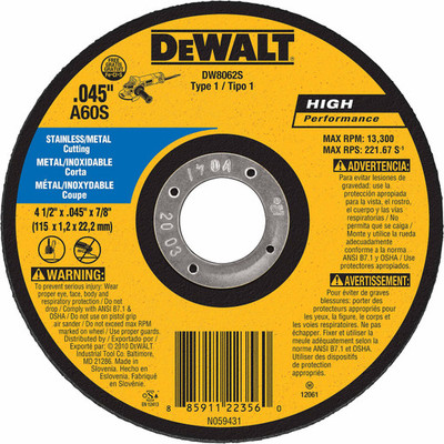 DeWalt DW8062S 4-1/2" X.045 X 7/8" Thin Cutoff Wheel DeWalt DW8062S 4-1/2" X.045 X 7/8" Thin Cutoff Wheel
