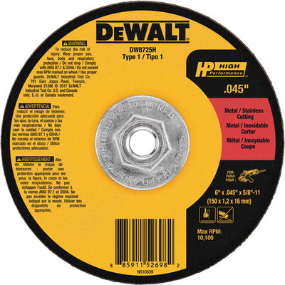 DeWalt DW8725H 6" x .045" x 5/8"-11 Metal and Stainless Cutting DeWalt DW8725H 6" x .045" x 5/8"-11 Metal and Stainless Cutting