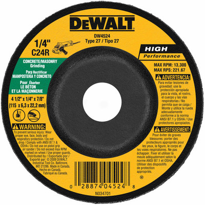 DeWalt DW4524 4-1/2" x 1/4" x 7/8" Concrete/Masonry Grinding Wheel DeWalt DW4524 4-1/2" x 1/4" x 7/8" Concrete/Masonry Grinding Wheel