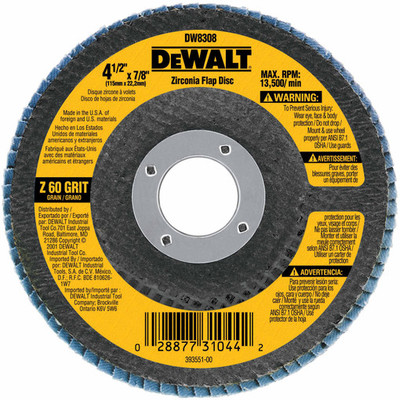 DeWalt DW8308 4-1/2" x 7/8" 60 Grit Zirconia Flap Disc DeWalt DW8308 4-1/2" x 7/8" 60 Grit Zirconia Flap Disc