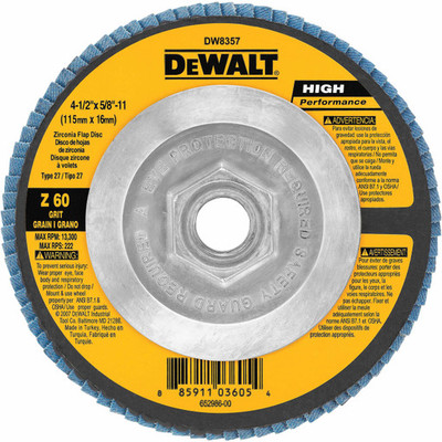 DeWalt DW8357 4.5x5/8-11 60 Grit Zirconia Flap Disc DeWalt DW8357 4.5x5/8-11 60 Grit Zirconia Flap Disc