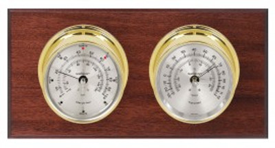 Maximum Catalina Two-Instrument Weather Station with mahogany panel, brass case, silver dial Maximum Catalina Two-Instrument Weather Station with mahogany panel, brass case, silver dial