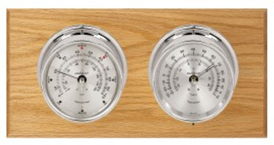 Maximum Catalina Two-Instrument Weather Station with oak panel, chrome case, silver dial