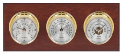 Maximum Montauk 2S Three-Instrument Weather Station with mahogany panel, brass case, silver dial